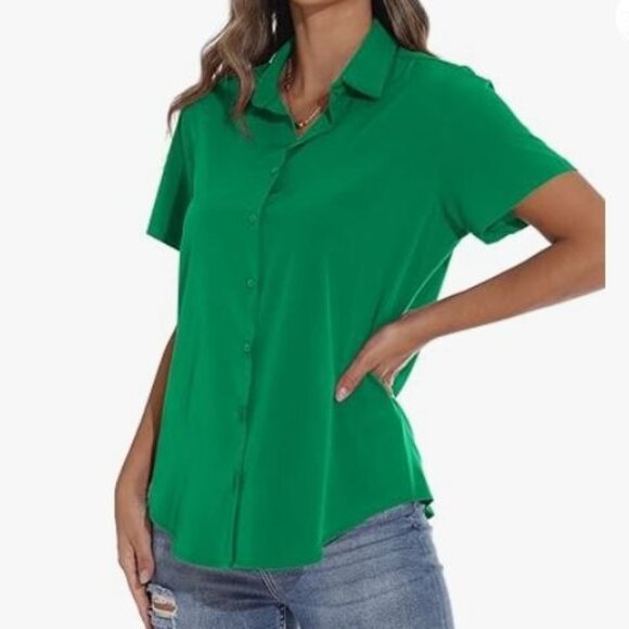 Guanyy Short Sleeve Button Up Shirt Womens Small Green New WOT - Picture 1 of 8